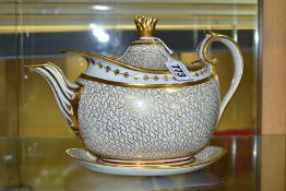 AN EARLY 19TH CENTURY BARR FLIGHT & BARR OVAL TEAPOT AND COVER WITH MATCHING STAND, the cover with
