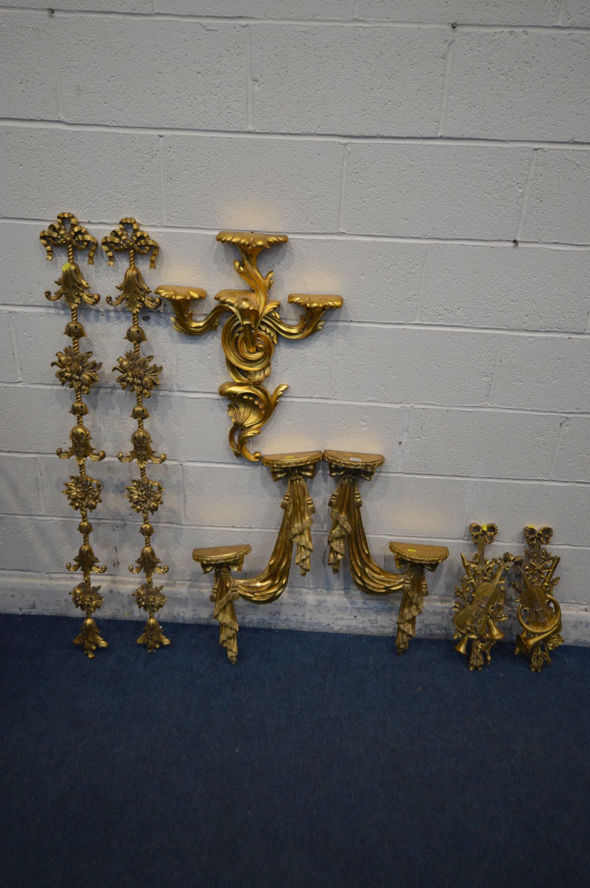 THREE PAIRS OF LATE 20TH CENTURY GILT WALL ART/DECORATION, and a rococo style glass two tier wall