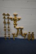 THREE PAIRS OF LATE 20TH CENTURY GILT WALL ART/DECORATION, and a rococo style glass two tier wall