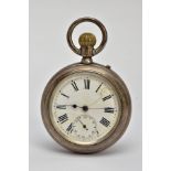 A SILVER OPEN FACE POCKET WATCH, AF white dial Roman numerals, seconds subsidiary dial at the six