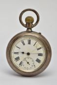 A SILVER OPEN FACE POCKET WATCH, AF white dial Roman numerals, seconds subsidiary dial at the six