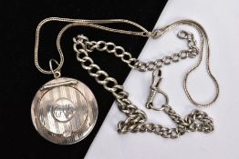 A SILVER COMPACT PENDANT NECKLACE AND AN ALBERT CHAIN, the compact of circular form, engine turn