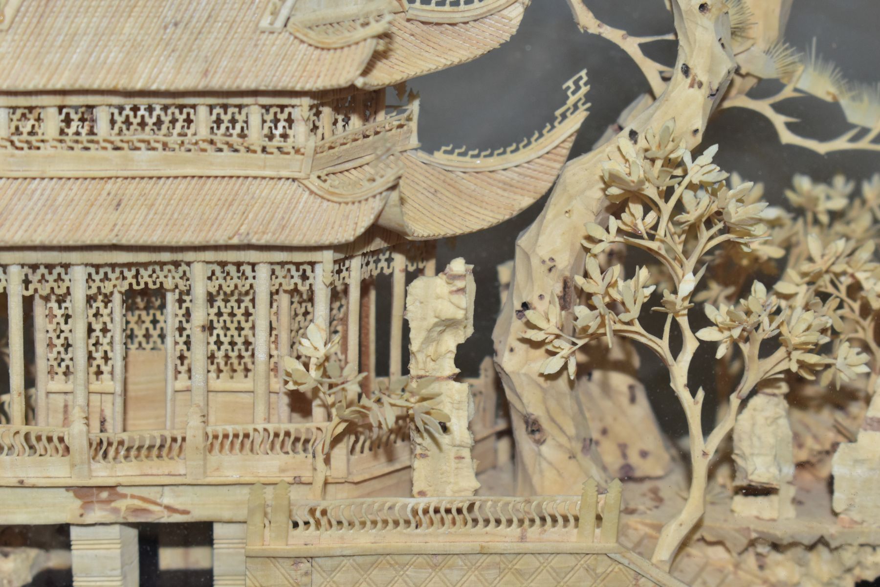 A 20TH CENTURY CHINESE CORK DIORAMA OF PAGODAS IN A LANDSCAPE, in a glazed case with a scrolled - Image 9 of 10