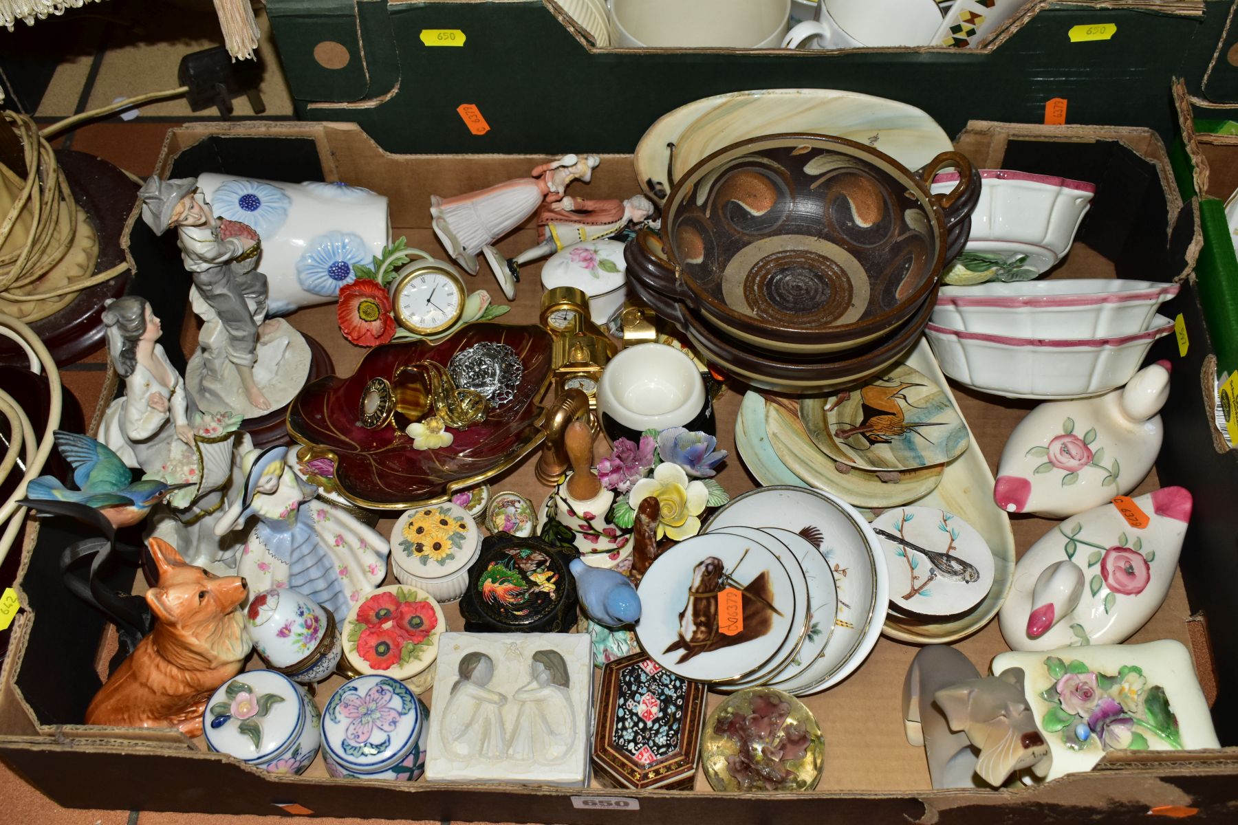 SIX BOXES OF CERAMICS AND GLASSWARE, including modern figural ornaments, a Churchill floral - Image 4 of 13