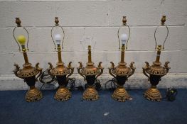 A SET OF FIVE COACH HOUSE GILT AND CERAMIC EWER STYLE TABLE LAMPS