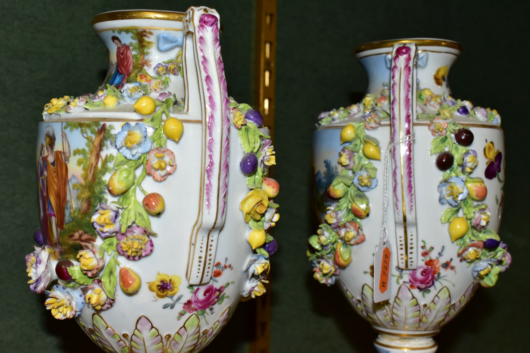 A PAIR OF EARLY 20TH CENTURY POTSCHAPPEL PORCELAIN TWIN HANDLED FLORAL ENCRUSTED VASES ON PLINTHS, - Image 13 of 20