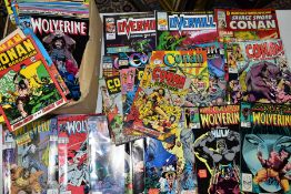 A BOX OF WOLVERINE AND CONAN COMICS to include Wolverine 1-42 complete run, two copies of No1, other