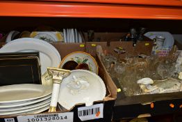 FIVE BOXES AND LOOSE KITCHEN CROCKERY, GLASSWARE, METALWARES, etc, including an Aynsley white and