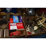 THREE BOXES OF WEIGHING SCALES, vintage mincers, biscuit and other tins, copper and brass