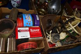 THREE BOXES OF WEIGHING SCALES, vintage mincers, biscuit and other tins, copper and brass
