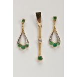 A PAIR OF 9CT GOLD EMERALD AND DIAMOND EARRINGS AND PENDANT, each earring of an openwork tear drop