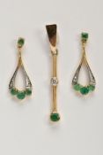 A PAIR OF 9CT GOLD EMERALD AND DIAMOND EARRINGS AND PENDANT, each earring of an openwork tear drop