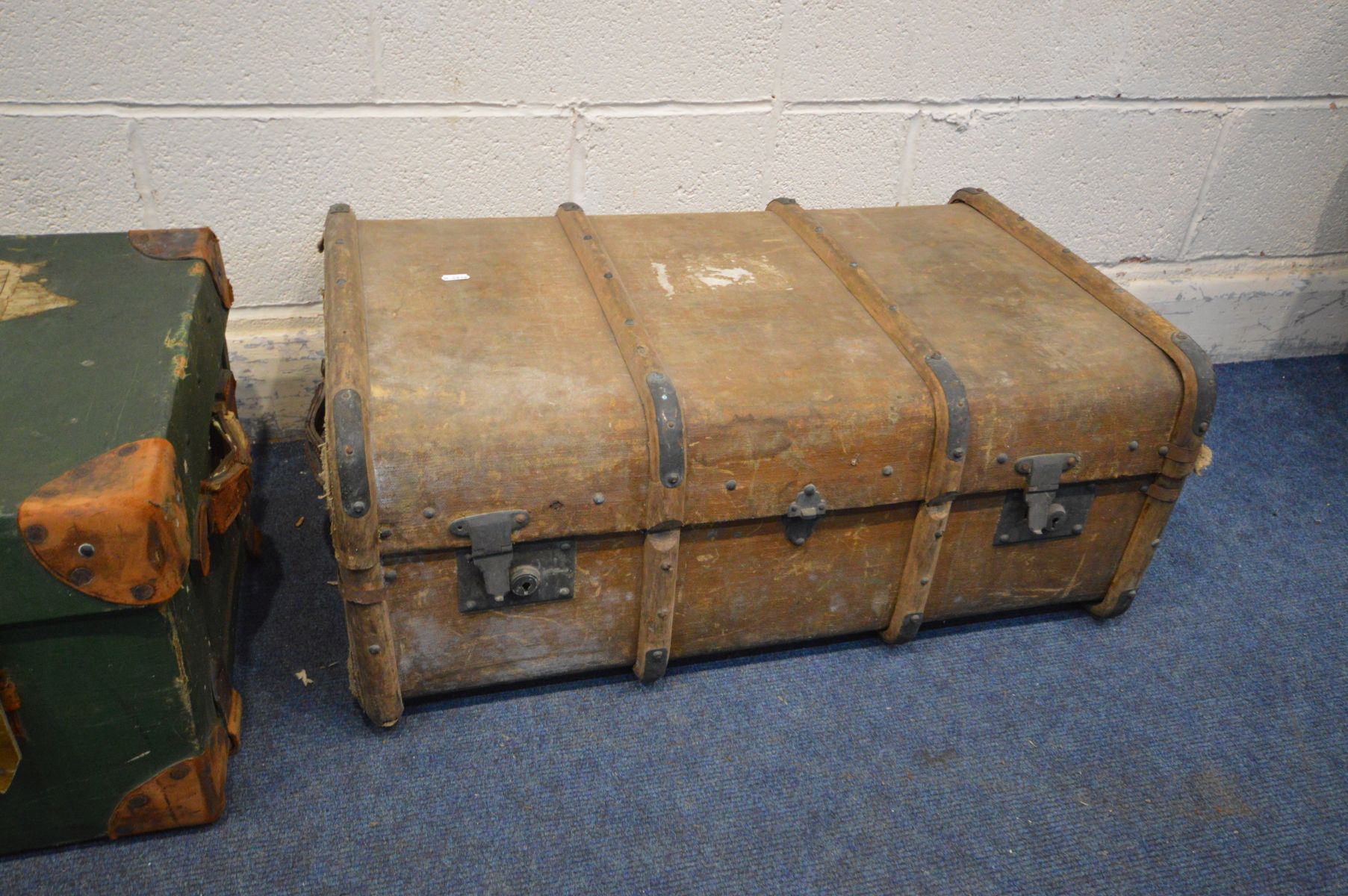 A VINTAGE GREEN FINISH HEWSON AND HUTCHINSON TRAVELING TRUNK, and a another trunk, both with - Image 3 of 3