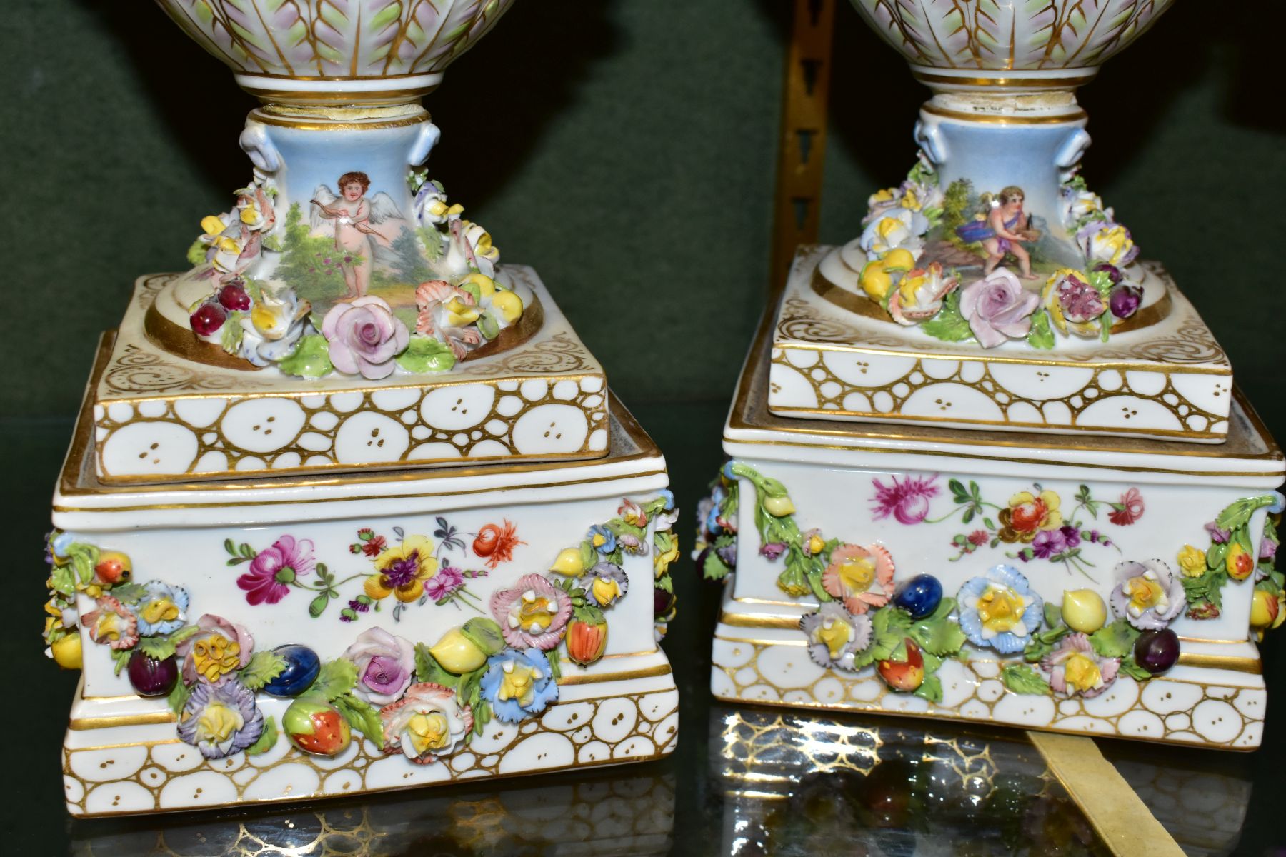 A PAIR OF EARLY 20TH CENTURY POTSCHAPPEL PORCELAIN TWIN HANDLED FLORAL ENCRUSTED VASES ON PLINTHS, - Image 3 of 20