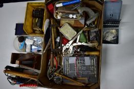 A BOX OF ASSORTED WATCHMAKERS TOOLS AND EQUIPMENT, to include an a/f mechanical metronome, a cased