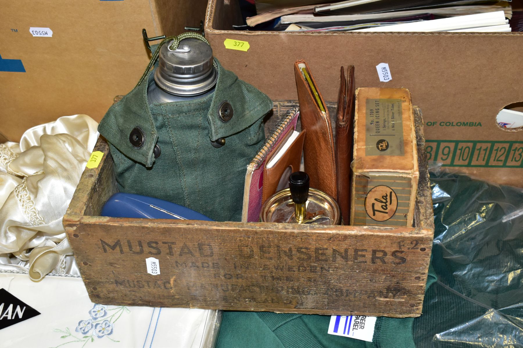 FIVE BOXES OF COLLECTABLES, PICTURES, PRINTED EPHEMERA, COSTUME AND TEXTILES, ETC, including Ind - Image 11 of 12