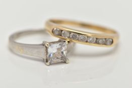 TWO 9CT GOLD RINGS, to include a yellow gold half hoop ring set with a row of circular cut