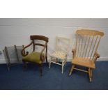 A BEECH SPINDLE BACK ROCKING CHAIR, an Edwardian white painted bar back chair, regency bar back