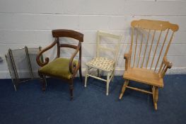 A BEECH SPINDLE BACK ROCKING CHAIR, an Edwardian white painted bar back chair, regency bar back