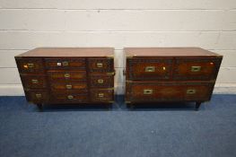 TWO KASHMIRI HARDWOOD CAMPAIGN CHEST OF DRAWERS, with carved drawer fronts and marquetry brass