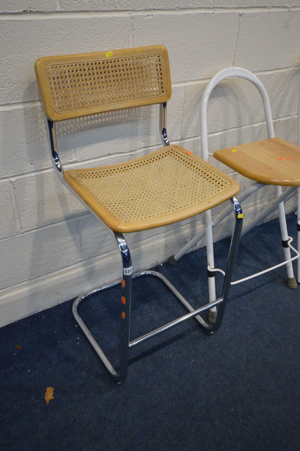 A MARCEL BREUER STYLE TUBULAR BAR STOOL (chrome partially rusted) together with three modern folding - Image 2 of 2