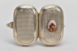 A LATE VICTORIAN SILVER SNUFF BOX, of an engine turn design, set with a miniature painted ceramic