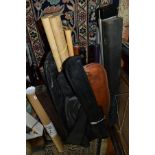 A QUANTITY OF EMPTY CUE CASES AND SLEEVES, part cues, wood to make cues, a quantity of snooker