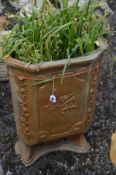 A GLAZED CLAY FRENCH FOUNTAIN/PLANTER, depicting floral decoration, width 43cm x depth 27cm x height