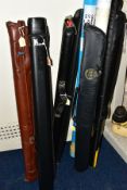 A QUANTITY OF ASSORTED WOODEN CUES, mixture of one and two piece cues with no makers marks, some