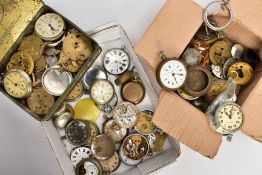 A BOX OF ASSORTED POKCET WATCHES, POCKET WATCH PARTS AND MOVEMENTS, most in a very poor condition