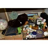 THREE BOXES AND LOOSE CERAMICS, ARTIFICIAL FLOWERS, etc, including an Ambassador briefcase, a 'World