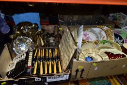 THREE BOXES OF GLASSWARE, CERAMICS, METALWARES, etc, to include flatware (cased Sterling silver