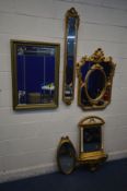 FOUR LATE 20TH CENTURY GILT FRENCH STYLE WALL MIRRORS, and another bevel edge wall mirror (losses,
