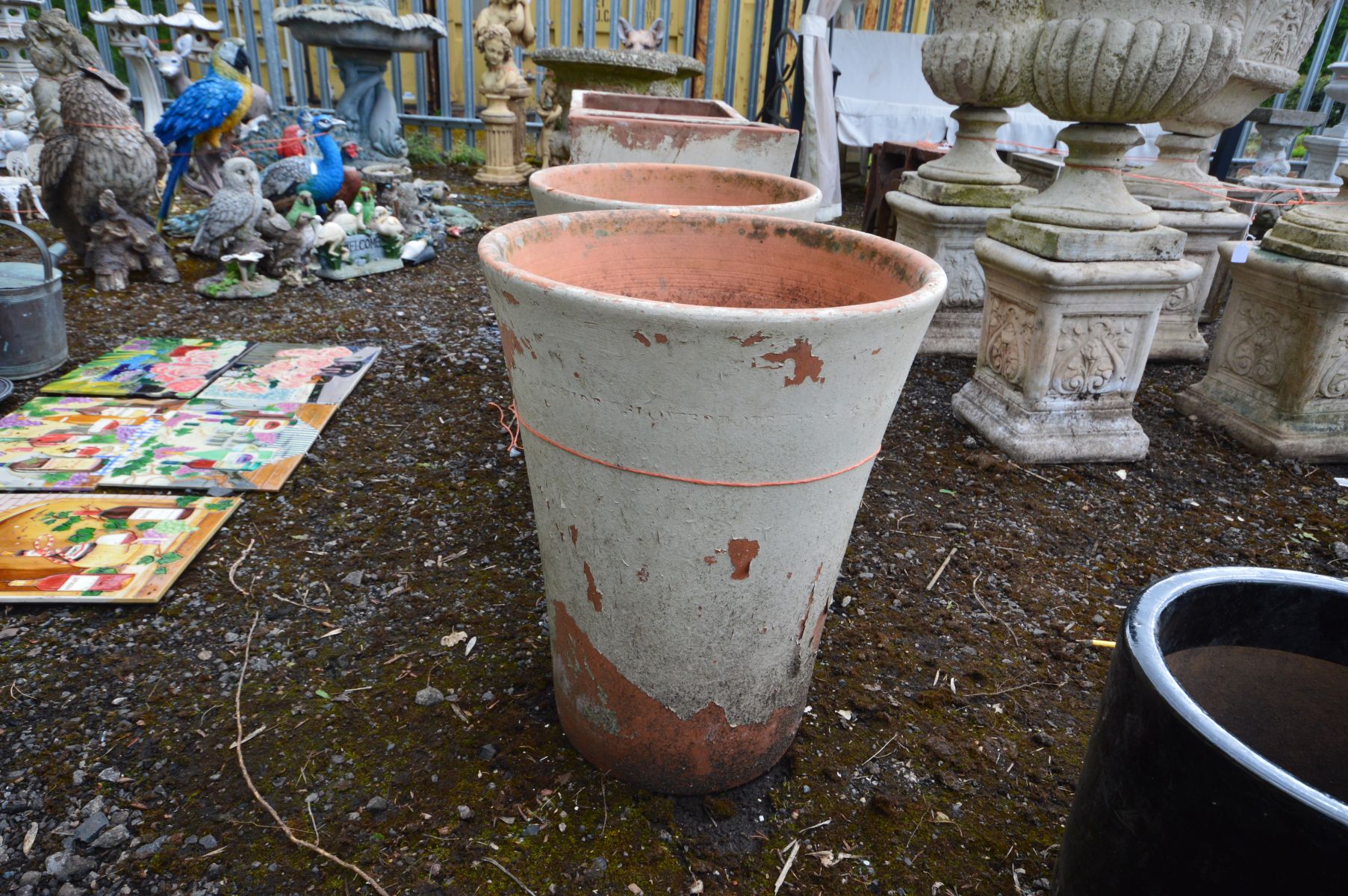 A PAIR OF TAPERED CYLINDRICAL TERRACOTTA PLANTERS, stamped to side 'Yorkshire flowerpots', outer - Image 2 of 2