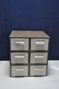 THREE METAL INDEX CARD DRAWER UNITS with two drawers to each (one plastic handle broken) width