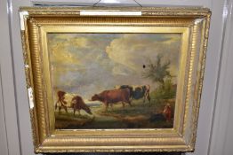 A PASTORAL LANDSCAPE WITH THREE CATTLE AND A DROVER RESTING BESIDE A STREAM, no visible signature