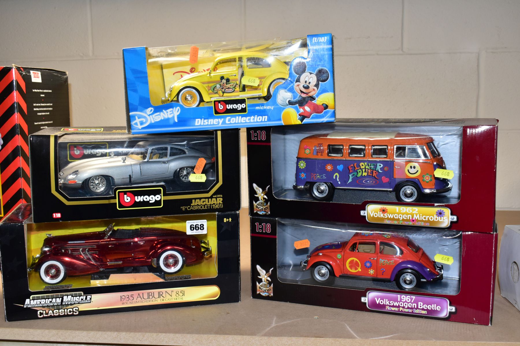 FIVE BOXED MODERN 1/18 SCALE DIECAST MODELS, Burago Disney collection Mickey Mouse Volkswagen