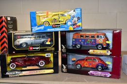 FIVE BOXED MODERN 1/18 SCALE DIECAST MODELS, Burago Disney collection Mickey Mouse Volkswagen