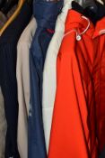 A GROUP OF SIX MENS COATS AND JACKETS, a R.A.E red foul weather jacket (large) Mod ref Orange HUP