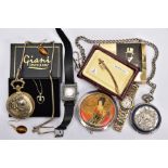 A BAG OF MISCELLANEOUS ITEMS, to include two novelty pocket watches, each fitted with Albert chains,