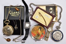 A BAG OF MISCELLANEOUS ITEMS, to include two novelty pocket watches, each fitted with Albert chains,