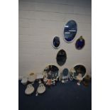 A COLLECTION OF VARIOUS MIRRORS AND LIGHTING, to include two giltwood mirrors, a pair of circular