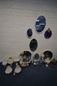 A COLLECTION OF VARIOUS MIRRORS AND LIGHTING, to include two giltwood mirrors, a pair of circular