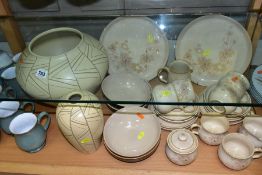 A GROUP OF DENBY POTTERY, to include two Origins pattern vases, designed by Richard Eaton, heights