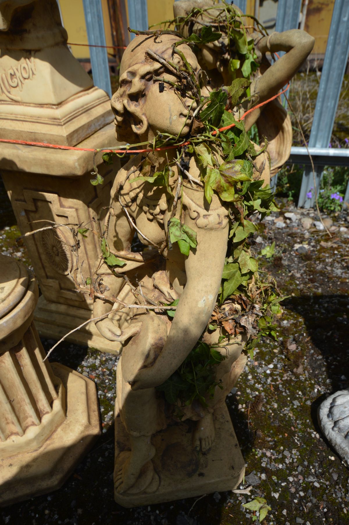 FOUR SIMILAR COMPOSITE GARDEN FIGURES, to include a female playing a mandolin, on a separate plinth, - Image 4 of 5