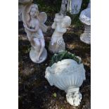 A COMPOSTE URN STYLE WALL PLANTER, along with a figure of a fairy holding a flower and putto bird
