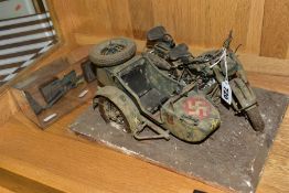 TWO LARGE SCALE CONSTRUCTED PLASTIC GERMAN MILITARY MOTORBIKE MODEL KITS, one depicts a N.S.U.
