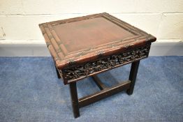 A CHINESE CARVED HARDWOOD OCCASIONAL TABLE, carved faux bamboo top surmounting a frieze of carved