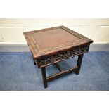 A CHINESE CARVED HARDWOOD OCCASIONAL TABLE, carved faux bamboo top surmounting a frieze of carved