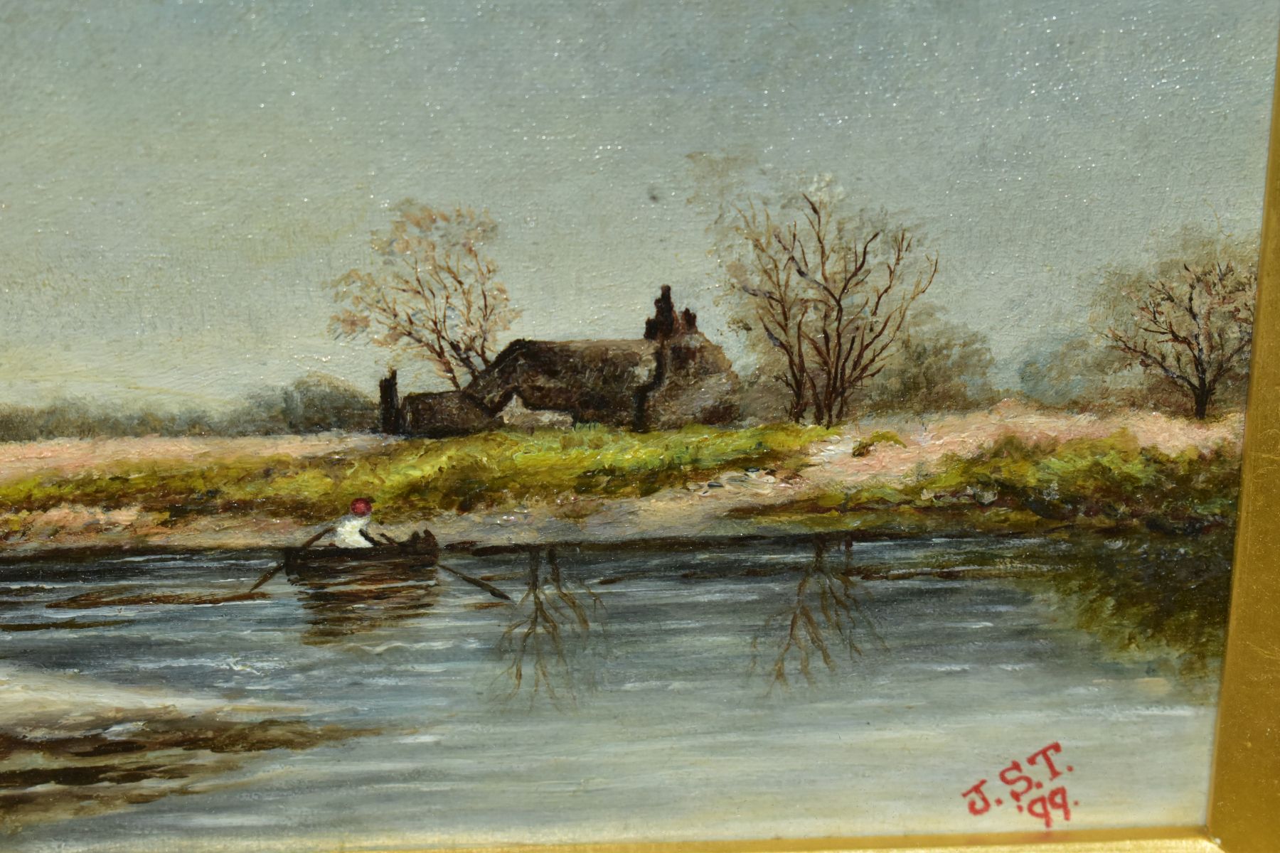 THREE OIL PAINTINGS, comprising a rural river scene with a figure rowing a boat across a river, - Image 3 of 7